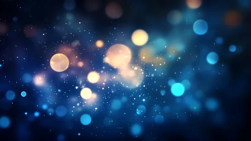 Abstract glowing bokeh lights on a dark blue dreamy background.