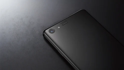 Black smartphone with single rear camera on dark surface.
