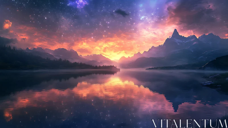 Mountain lake at dusk under vivid star-filled sky reflection.