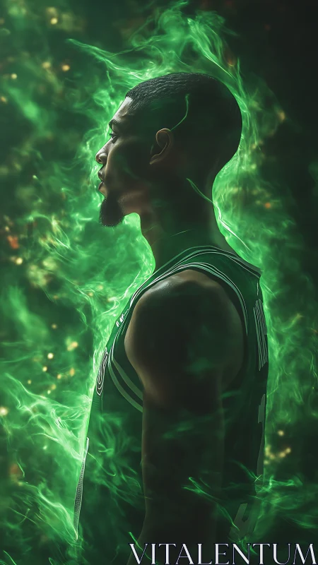 Side-lit basketball player engulfed in dynamic green energy haze
