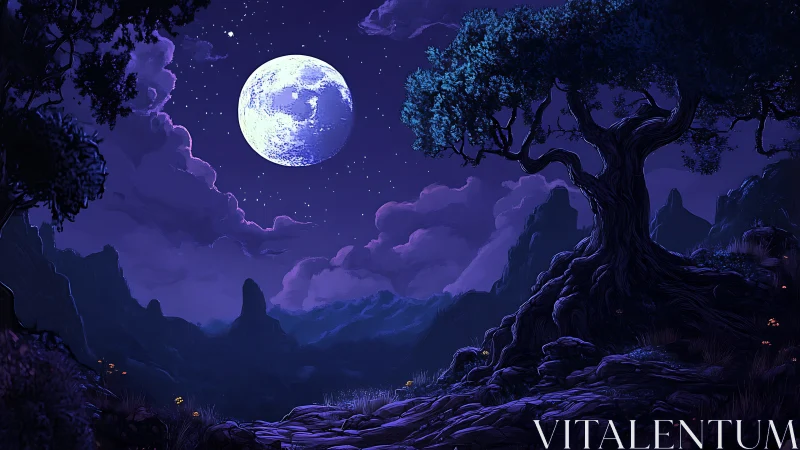 Luminous full moon above twisted mountain tree in violet dusk