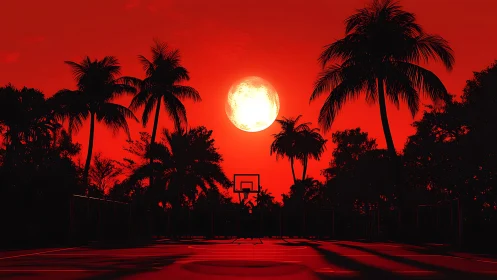 Digital sunset court under palm silhouettes, high contrast rendering.