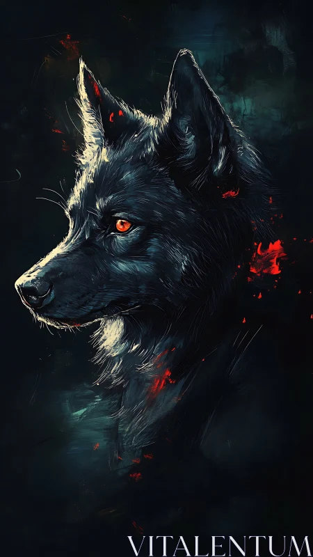 Cinematic side-profile portrait of black wolf with ember glow