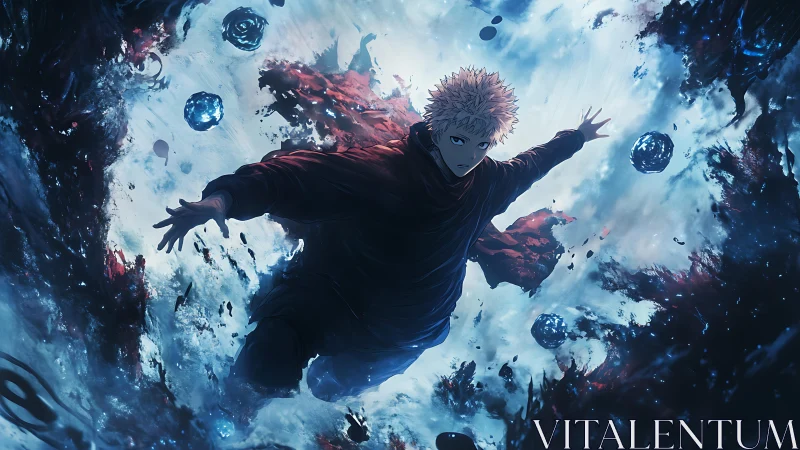 Male figure suspended in swirling blue and black vortex.