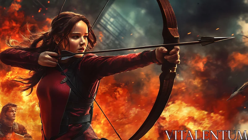 Flame-lit archer draws a decisive arrow amid roaring chaos.