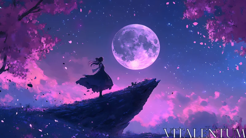 Girl on cliff under large glowing moon in pink night sky.
