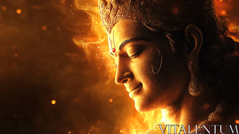 Golden serene deity portrait immersed in radiant flames.