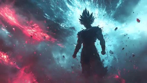 Silhouetted warrior stands amid opposing red and cyan energy