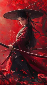 Scarlet samurai warrior stands poised beneath autumn leaves.