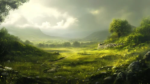 Sunlit valley meadow with distant misty mountains and ruins.
