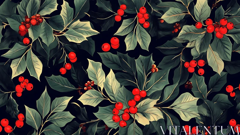 Holly leaves with clustered red berries on deep black ground