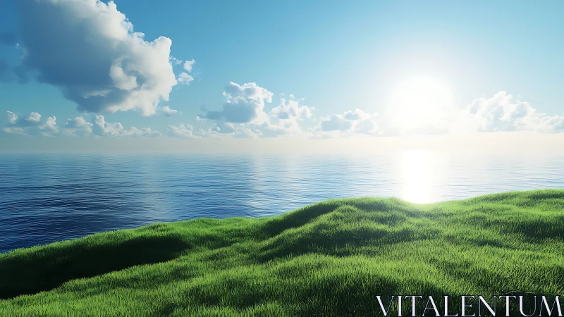 Coastal grassland under low sun with calm ocean horizon rendering