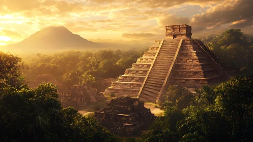 Stepped Mesoamerican pyramid in dense jungle at golden sunrise