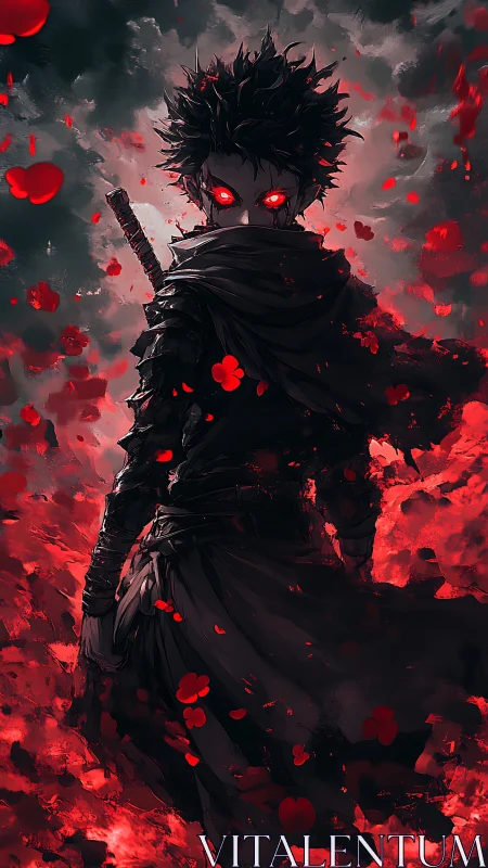 Blazing petal ronin with infernal eyes in stormed dusk.