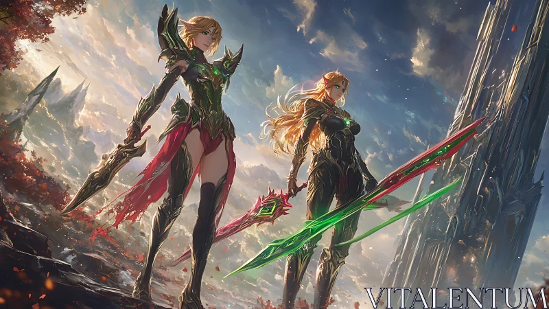 Twin arcane sentinels with luminescent blades in sky citadel.