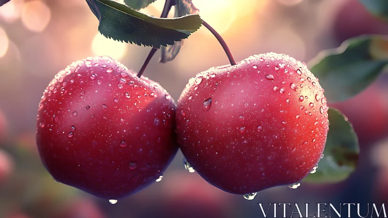 Dewy twin apples glowing in a sunrise orchard hush.