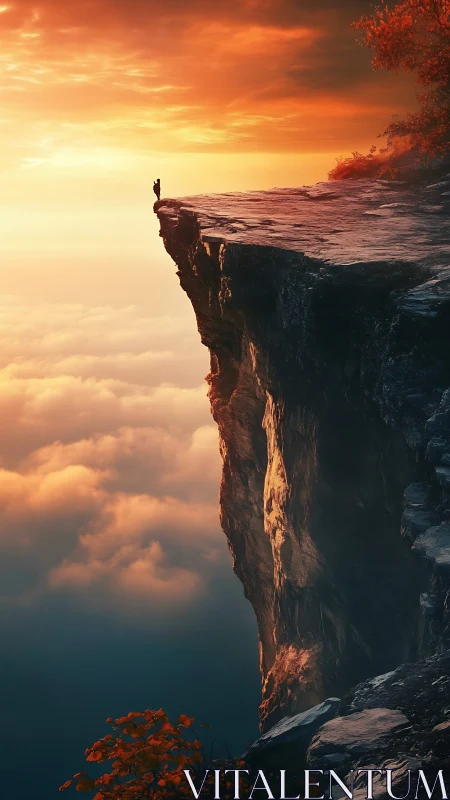 Solitary hiker on high cliff edge above sunset cloud inversion