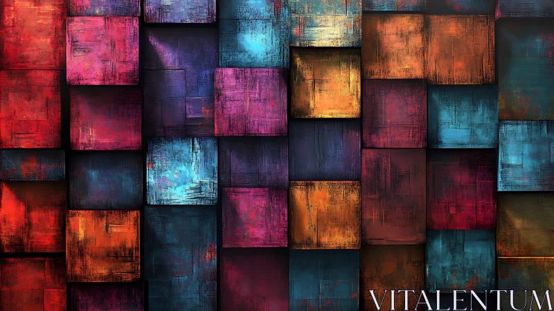 Chromatic textured cubes in layered geometric abstraction.