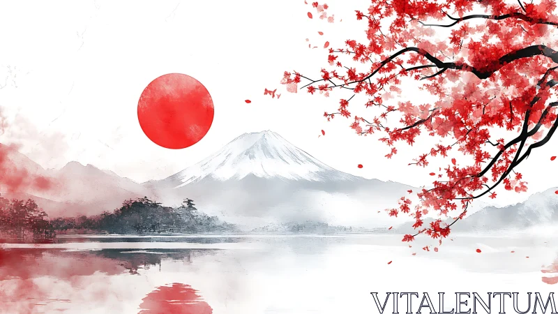 Red sun over Mount Fuji with cherry blossoms reflected.