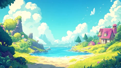 Serene Coastal Village in Vibrant Fantasy Landscape.