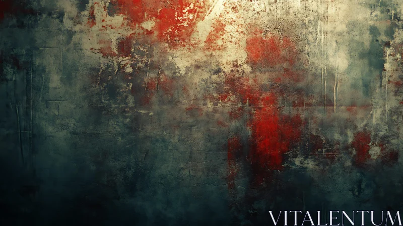 Abstract grunge wall art with bold red and grey textures.