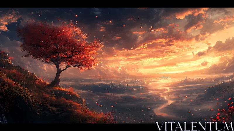 Crimson hill tree overlooking luminous fantasy valley at dusk.