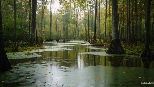 Photorealistic cypress swamp with reflective stillwater plane.