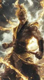 Fire-wreathed warrior channels storm-lit elemental fury.