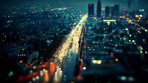 Night city highway with blurred traffic and skyline glow.