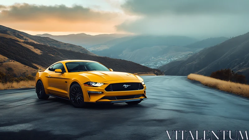 Yellow sports coupe stands on misty mountain highway at dusk