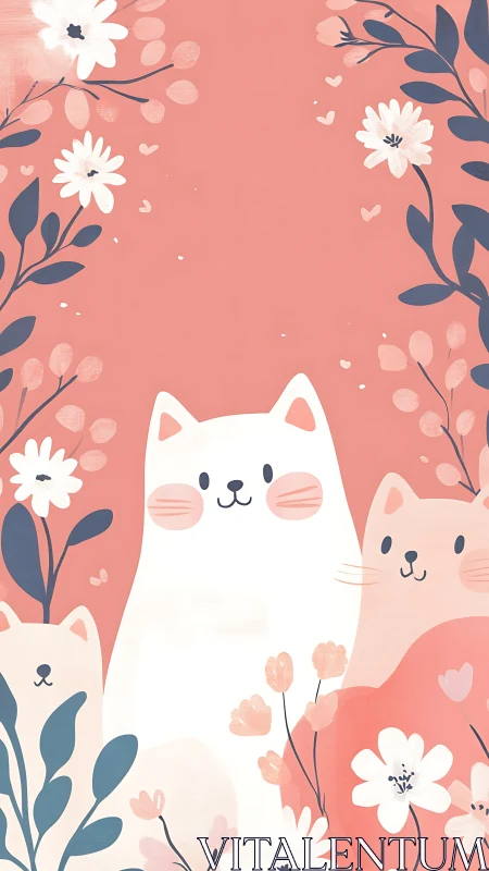 Cats Dream Among Coral Blossoms and Botanical Whispers