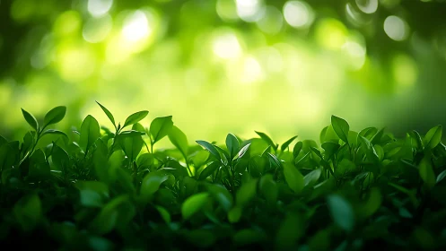 Dense foreground foliage with soft green bokeh backdrop.