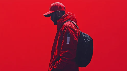 Solitary streetwear figure walks across bold red space