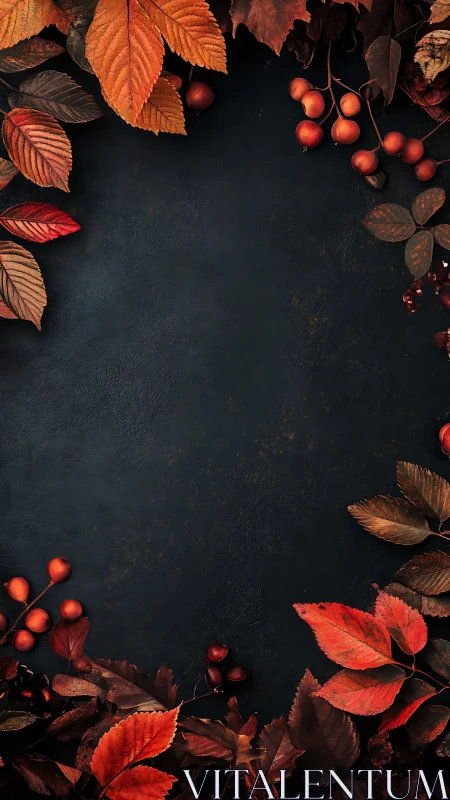 Autumn botanical border on dark textured background.