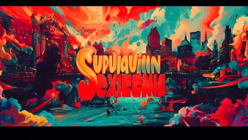 Vibrant neo-noir harbor cityscape with bold retro typography