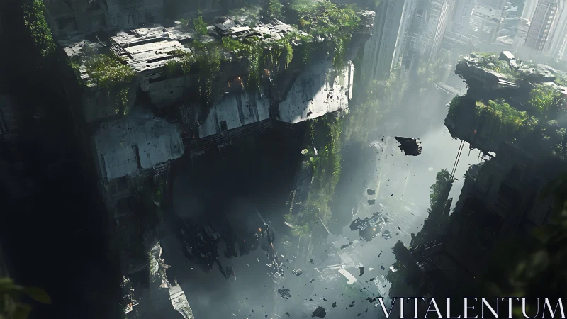 Post-apocalyptic vertical city chasm overgrown with foliage.