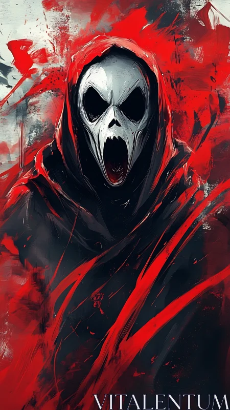 Hooded skull wraith screams amid violent red brushstrokes
