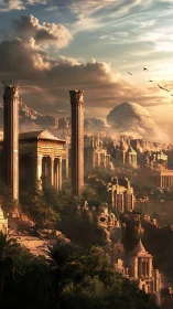 Sunlit terraced stone metropolis with colossal classical ruins