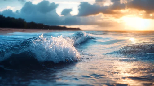 Soft sunrise waves curling along a quiet shoreline.