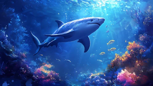 Pelagic shark gliding through refracted light over coral reef.