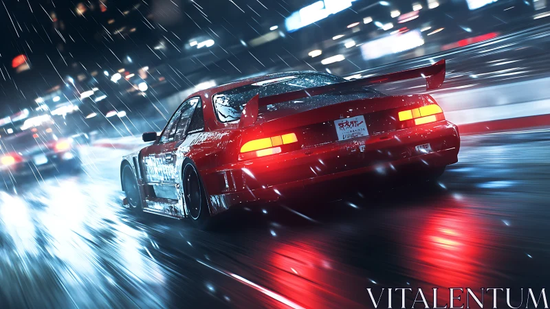 Red tuner car drifting through neon rain-soaked city street.