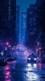 Nocturnal snowstorm avenue with neon spectral reflections.