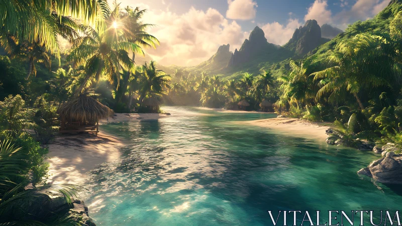 Tropical Paradise Lagoon with Verdant Palms, Limestone Peaks