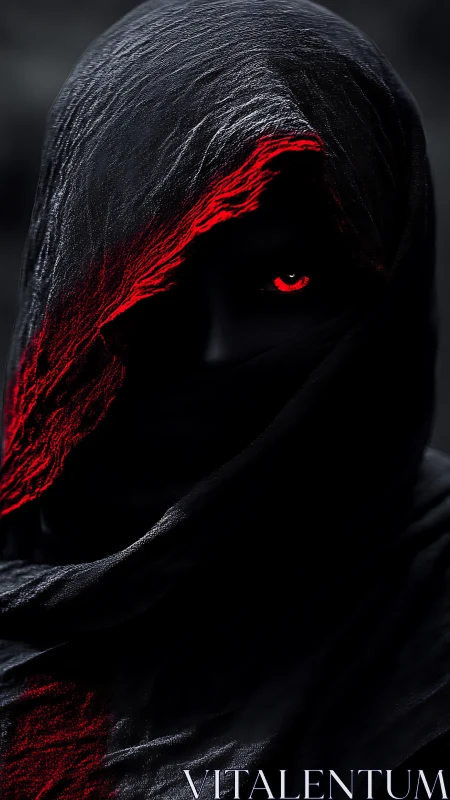 Hooded shadow figure with crimson eye and veiled face.