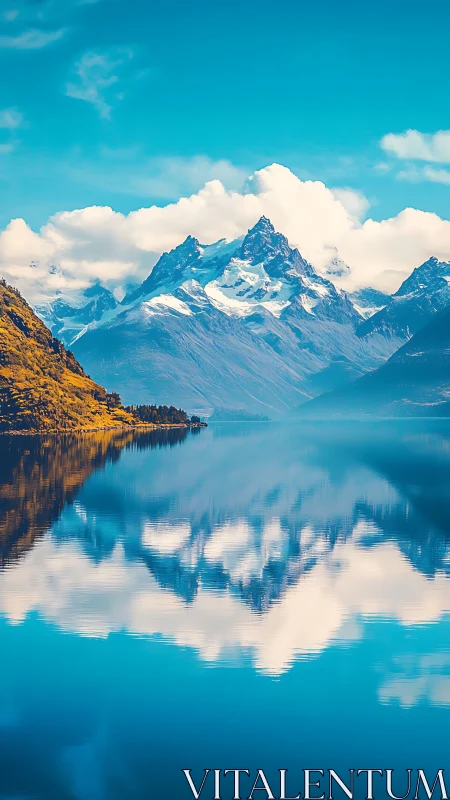 Snow-covered mountains reflect symmetrically in calm lake water