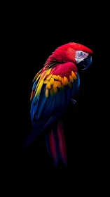 Scarlet macaw profile in saturated neon plumage on black.