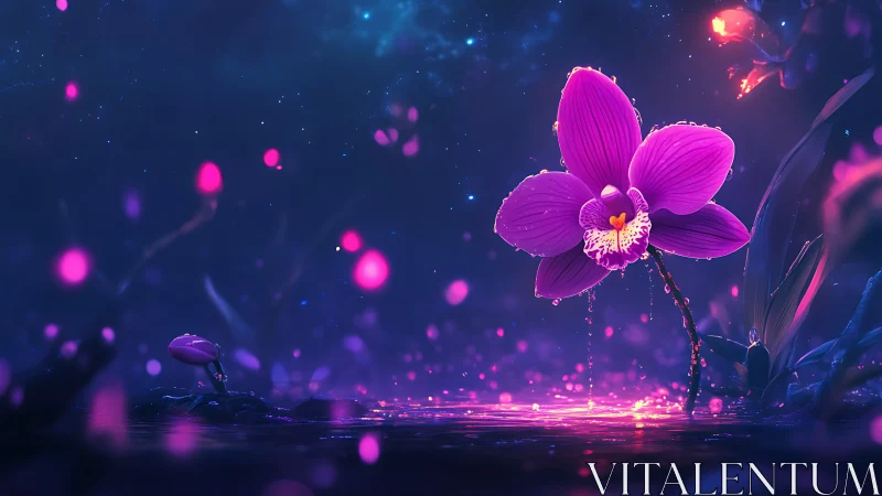 Enchanted orchid glowing softly in a dreamy night pond.