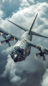 Military cargo aircraft banking through dramatic storm clouds.