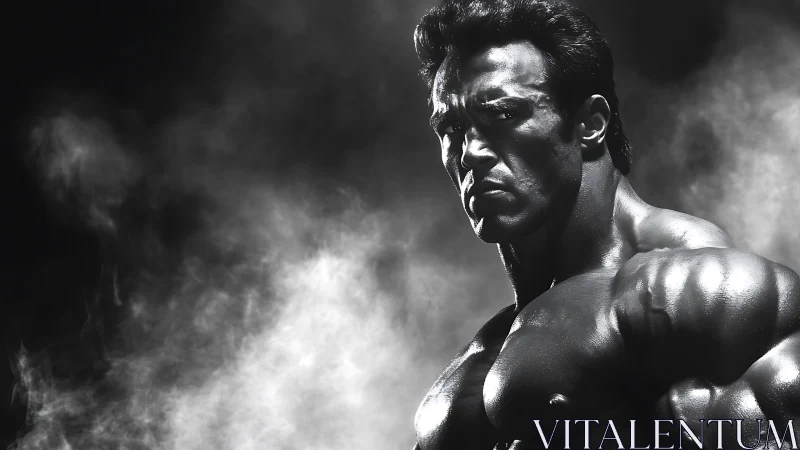 High-contrast monochrome portrait isolates sculpted musculature