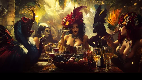 Masked figures at ornate feast table in tropical setting.